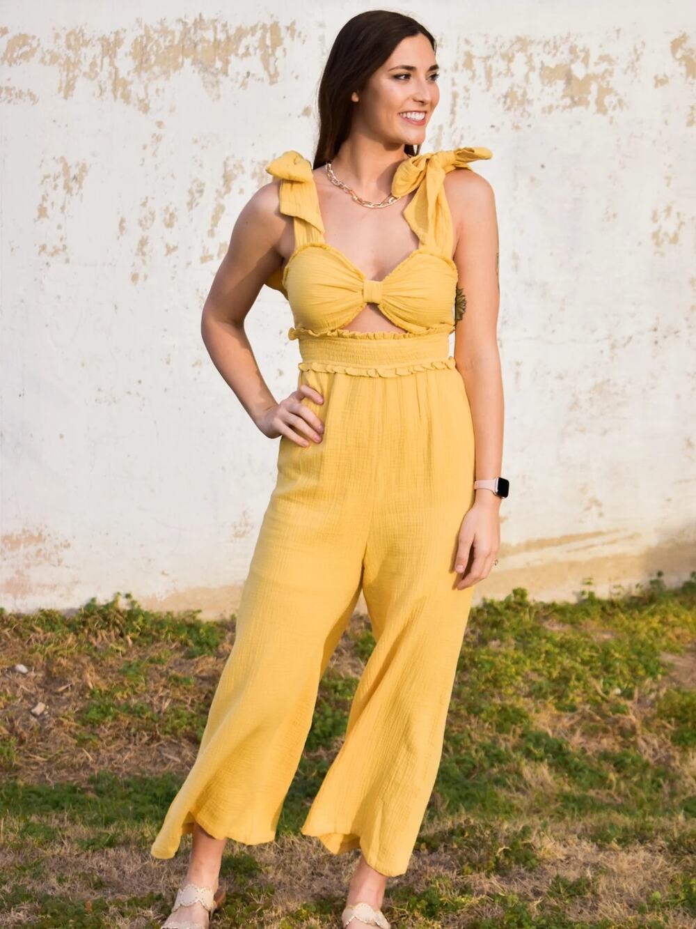 Mable Mustard Yellow Gauze Tie Strap Cutout Wide Leg Jumpsuit Size M